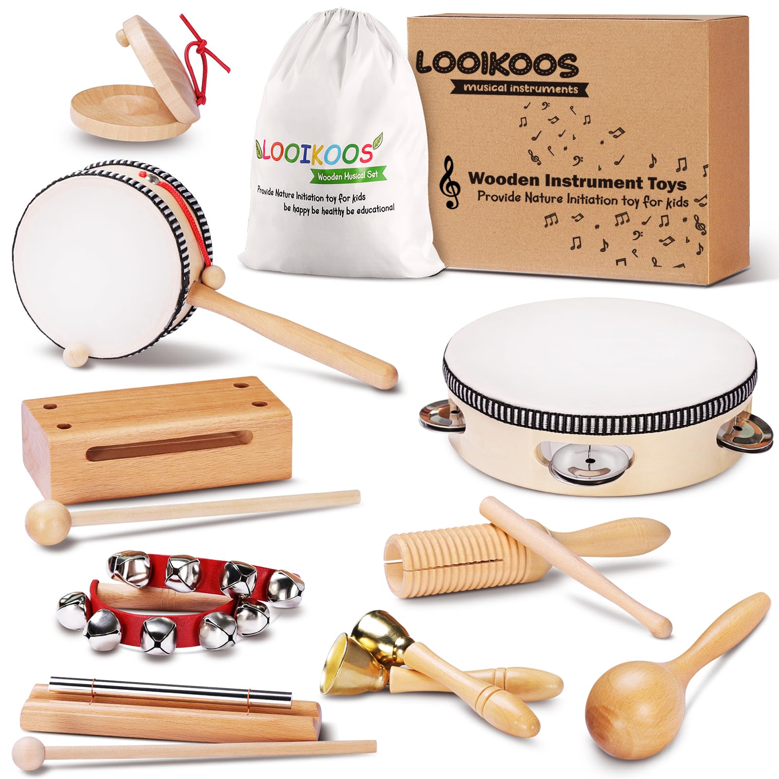 Photo 1 of LOOIKOOS Toddler Musical Instruments Montessori Natural Wooden Percussion Instruments for Kids Preschool Educational Musical Toys Set for Boys and Girls with Storage Bag