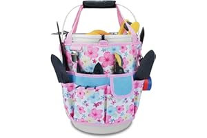 KUNN Gardening Gift for Women Men 5 Gallon Bucket Tool Organizer with 18 Pockets, Heavy-Duty Bucket Buddy Caddy Bag, Garden Tools Organizer Storage with Comfort Grip Handle Pad Attachment,Pink