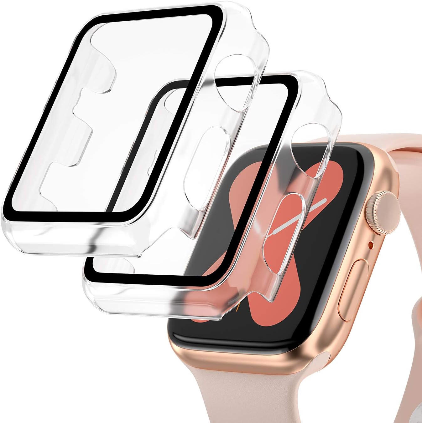 [2 Pack] Hard PC Case for Apple Watch Series 6/5/4/SE 44mm, Buit in 9H Tempered Glass Screen Protector,Full Coverage Guard, Scratch-Resistant Protective Bumper Case Cover for iWatch 44mm-Clear