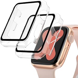 [2 Pack] Hard PC Case for Apple Watch Series 6/5/4/SE 44mm, Buit in 9H Tempered Glass Screen Protector,Full Coverage Guard, Scratch-Resistant Protective Bumper Case Cover for iWatch 44mm-Clear