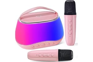 BHNJUTM Karaoke Machine for Kids Adults, Portable Bluetooth Mini Karaoke Microphone Singing Speaker with 2 Wireless Mic and RGB Light, Karaoke Machine for Kids 3-12+, for Birthday, Family,Home Party (Pink)