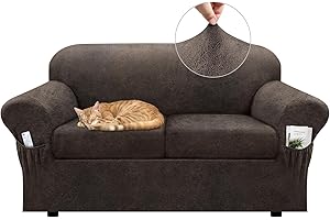 Pfrstuv Loveseat Slipcover with Armrest Pockets 3-Piece Set, Stretch Faux Leather Love Seat Covers for 2-Cushion Couches(Fits 58-66") - Non-Slip, Machine Washable, Pet & Kid Friendly - Light Brown