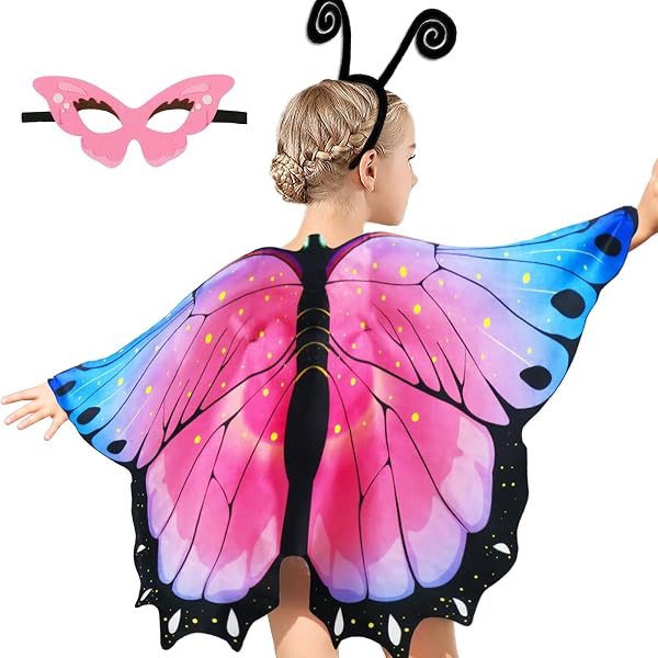 Butterfly Wings Fairy Shawl Costume For Kids - 2PCS Set With Adjustable Collar & Finger Loops, Polyester, 136x108cm, For Halloween, Parties, Dress-Up