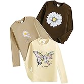 VeryNew 3-Pack Girls Long Sleeve T-Shirt for Fall,Soft Cotton Toddler Top,Cute Graphic Tee for Kids (2-12Y)