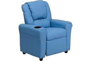 Flash Furniture Vana Vinyl Kids Recliner with Cup Holder, Headrest, and Safety Recline, Contemporary Reclining Chair for Kids, Supports up to 90 lbs., Light Blue
