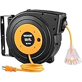 VEVOR Retractable Extension Cord Reel, 50 FT, Heavy Duty 14AWG/3C SJTOW Power Cord, with Lighted Triple Tap Outlet, 13 Amp Ci