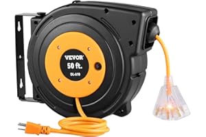 VEVOR Retractable Extension Cord Reel, 50 FT Heavy Duty 14AWG/3C SJTOW Power Cord with Lighted Triple Tap Outlet, 13 Amp Circuit Breaker, 180° Swivel Bracket for Ceiling or Wall Mount
