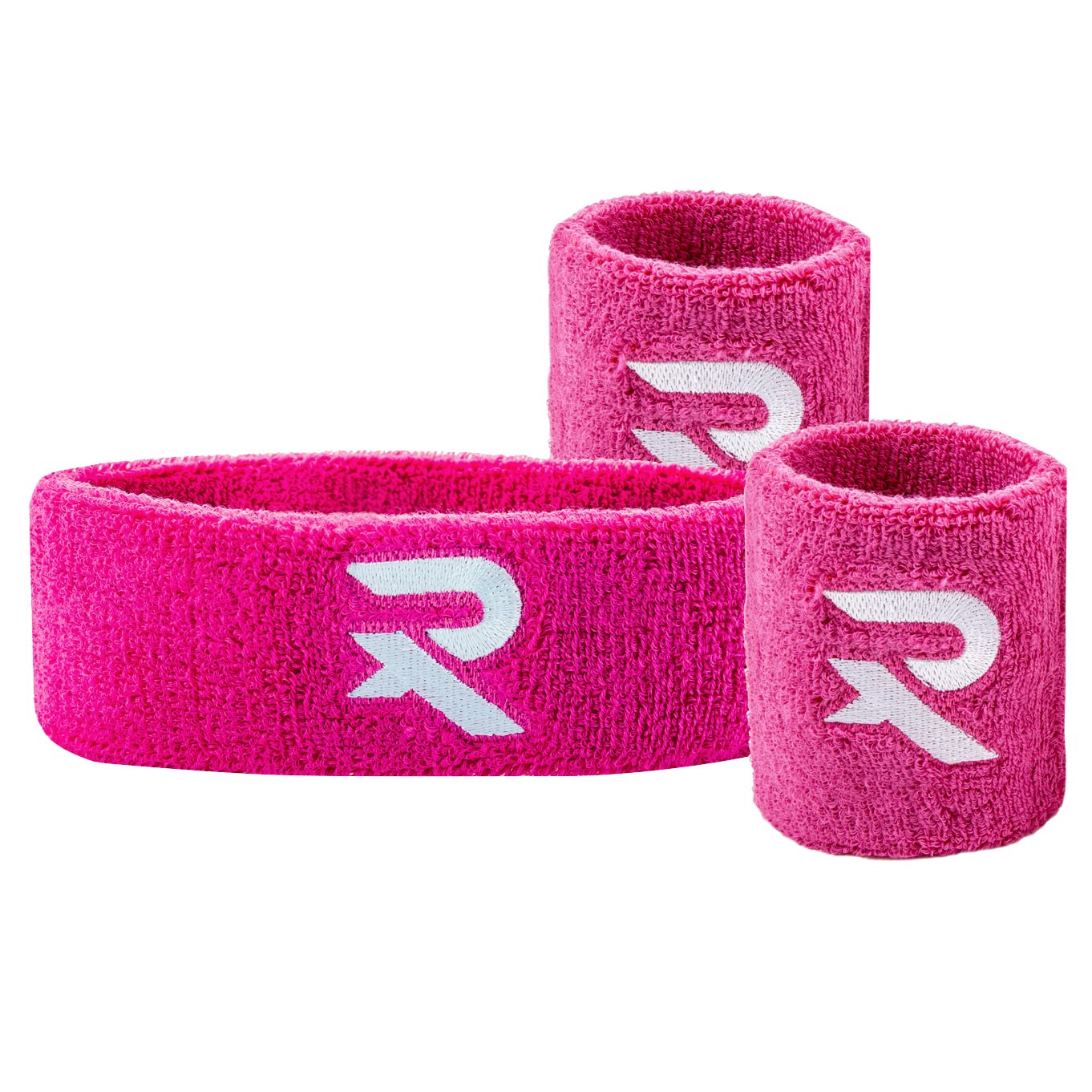 Raquex Wristband and Headband Set - Snug Fit Exercise Band - Cotton Sweat Bands for Men and Women - Stretchy Sweat Bands for Sports - 2 x Wrist Bands, 1 x Head Band (Pink)