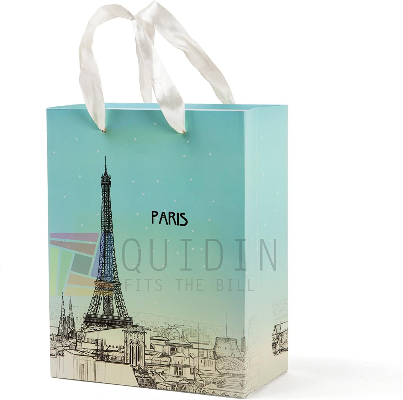 QUIDIN Pack of 10 Colorful Souvenir Easter, Christmas, Birthday Festive Party Gift Bags with Satin Handle (Big, Paris Green)