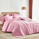 Yogeneg King Size Comforter Set 7 Piece Bed in a Bag,Grid Pinch Pleat Pink Bedding Set,Striped Textured Soft Microfiber Comforter with Sheet Set,All Season Complete Bed Set(Pink,King)