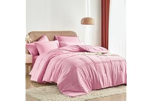 Yogeneg Full Size Comforter Set 7 Piece Bed in a Bag,Grid Pinch Pleat Pink Bedding Set,Striped Textured Soft Microfiber Comforter with Sheet Set,All Season Complete Bed Set(Pink,Full)