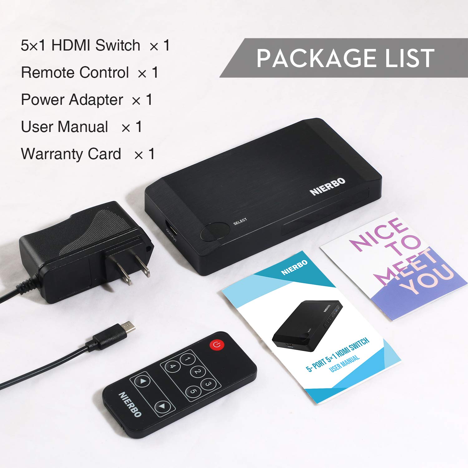 NIERBO HDMI Umschalter mit Fernbedienung 5 in 1 Out HDMI 2.0 Switch 5x1 4K@60Hz HDMI Full HD 1080P HDCP 3D Switcher Unterstützung für HDTV PS3 PS4 Blu-ray DVD Projektor Fire Stick und Andere Geräte