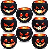8 Pack Halloween Votive Candle Holders,Black Glass Tealight Holders | Halloween Candlestick Holder Set with 8 Engraved Face Designs for Table Centerpieces, Parties, Mantels and Seasonal Decor