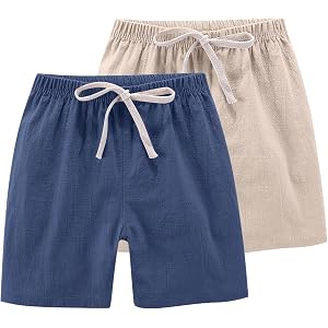 2 Pack Boys Linen Shorts Kids Summer Elastic Waist Baggy Wide Leg Bermuda Teen Casual Holiday Beach Shorts