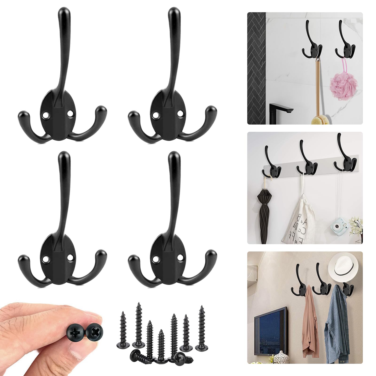 WASYPLSFOI Hooks Kitchen Bathroom Door Key Coat Towel Metal Hook Hanger Rack for Wall Hanging Heavy Duty, 3 Branches x 4 Pack Black