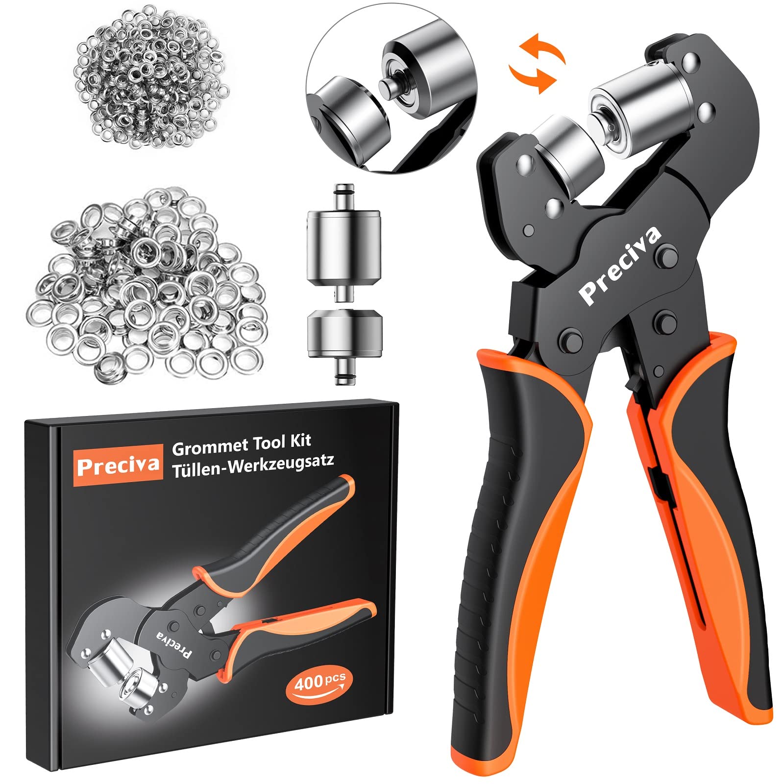 Magnetic Eyelet Punch Kit(10MM+6MM), 2 Sets Replaceable Punching Head, with 400pcs Waterproof Coating Grommets, Suits for Punching Hole of PVC Banners, Tarpaulins, Cardboard, etc