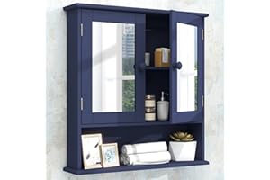 TaoHFE Blue Medicine Cabinet with Mirror, 2 Doors & 3 Open Shelves - Wall Mounted Wooden Storage Cabinet for Bathroom, Laundry or Kitchen