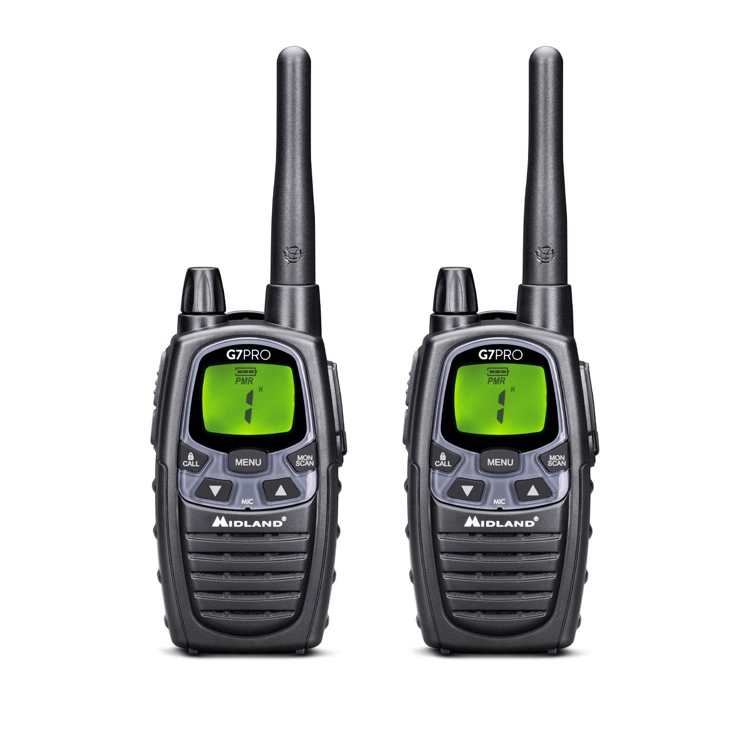 Midland - 2 Walkie Talkies G7 PRO, Walkie Talkie for Airsoft & Outdoor Use, 2 Way Radio 85 Channels - 16 PMR446/69 LPD Licence-Free, 10Km Range, 18H Battery Life, Rechargeable Batteries & Accessories