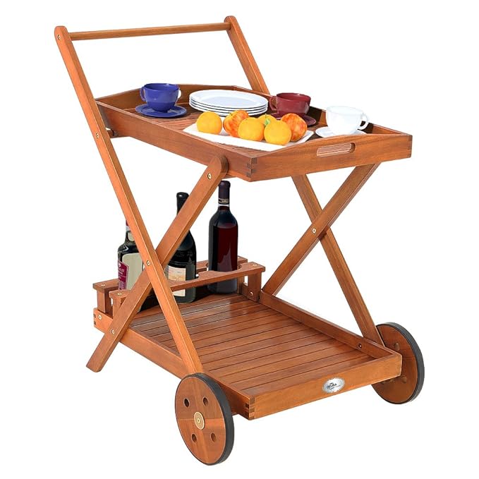 Wooden Serving Trolley with Removable Serving Tray Garden Tea Trolley