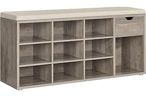 VASAGLE CUSTOS Collection - Shoe Bench, Storage Bench with Padded Seat, Entryway Bench with 15 Compartments, for Bedroom, 11.8 x 40.9 x 18.9 Inches, Heather Greige and Cappuccino Beige ULHS024K02