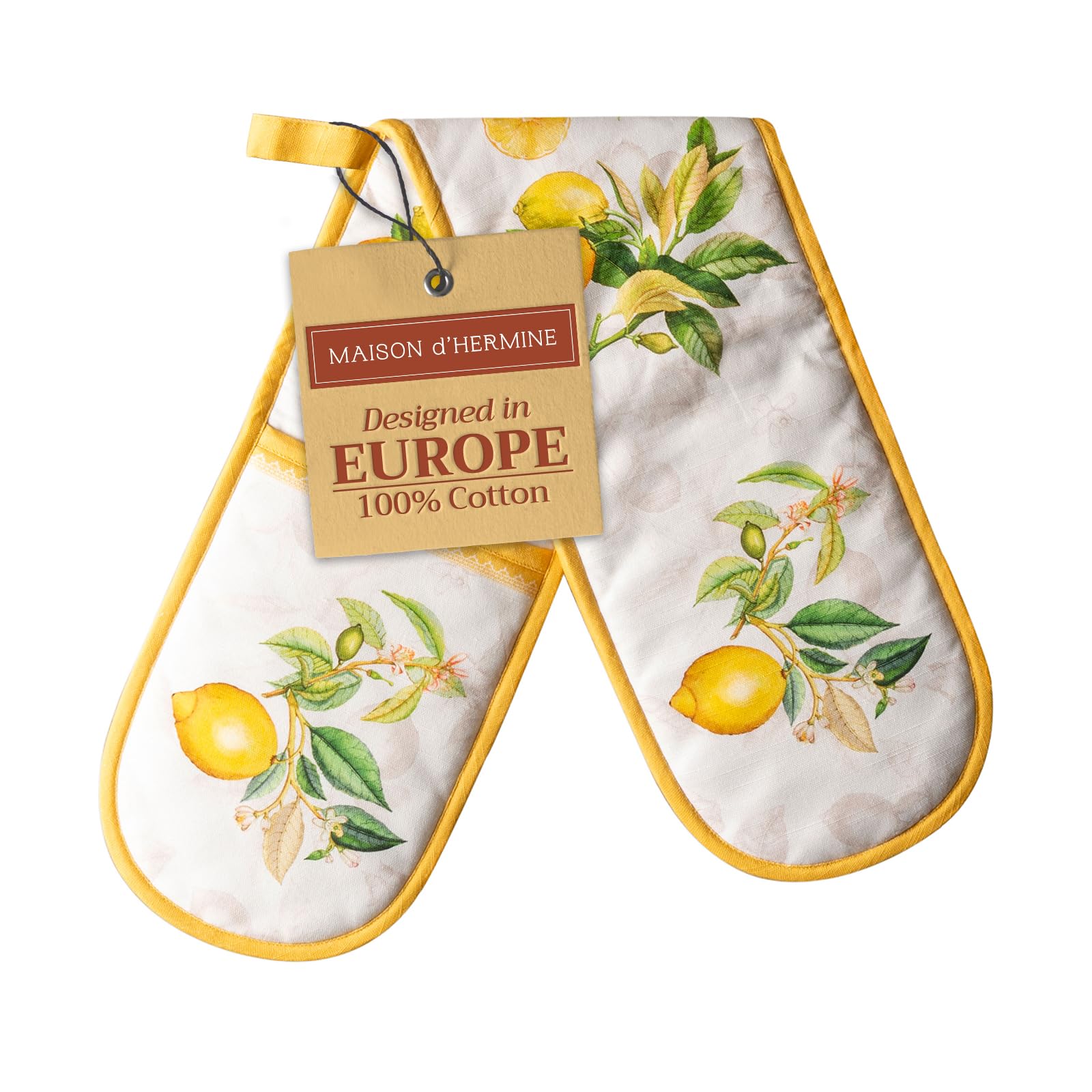 Maison d' Hermine Double Oven Mitts 100% Cotton 18 cm x 89 cm Double Oven Mitt Heat Resistant BBQ Cooking Gloves with Loop Baking Grilling Handling Hot Pans Easter Decorations (Limoncello)