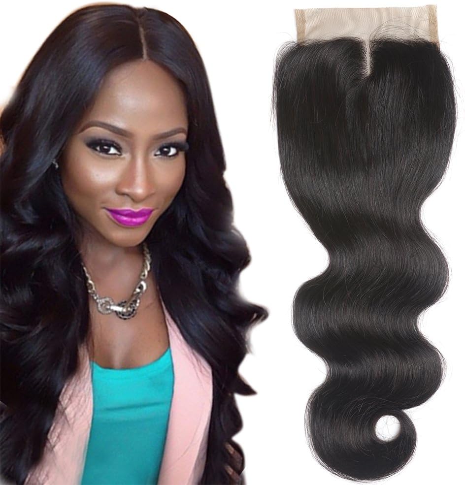 18'' Middle Part Human Hair Lace Closure Body Wave 10A Unprocessed Virgin Peruvian Hair Body Wave Closure (4X4) Resaca 130% Density Natural Black Color 18 Inch
