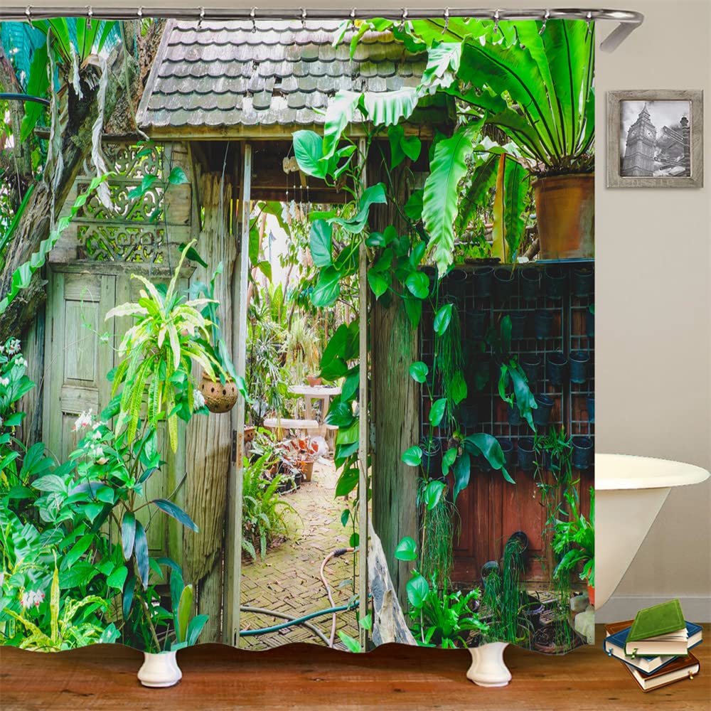JIANGLANY Tropical Plant Wooden Farmhouse Shower Curtain Green Banana Leaves Garden Landscape Bathroom Decor Waterproof Bath Curtains with Hooks 180x180cm (6)