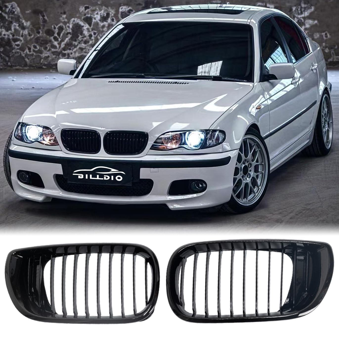 Photo 1 of BILLDIO E46 Grille - Black Kidney Single slats Grill Compatible With 2002-2005 BMW 3 Series E46 4-Door 320i 325i 325xi 330i 330xi ABS Gloss Black Kidney Grill