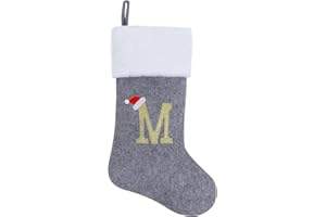 Chisander 20 Inches Grey with White Super Soft Plush Christmas Stockings Personalized Embroidered Monogrammed Xmas Stocking Hanging Ornaments for Family Holiday Xmas Party Decorations（Letter M）