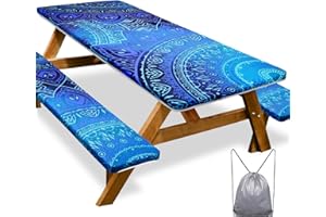 PLAY TAILOR Picnic Table Cover with Bench Covers 8FT 3 Pcs Waterproof Windproof Camping Tablecloth with Drawstring Bag, Fitted Rectangle Tables and Seats, 96in, Dark Blue Green