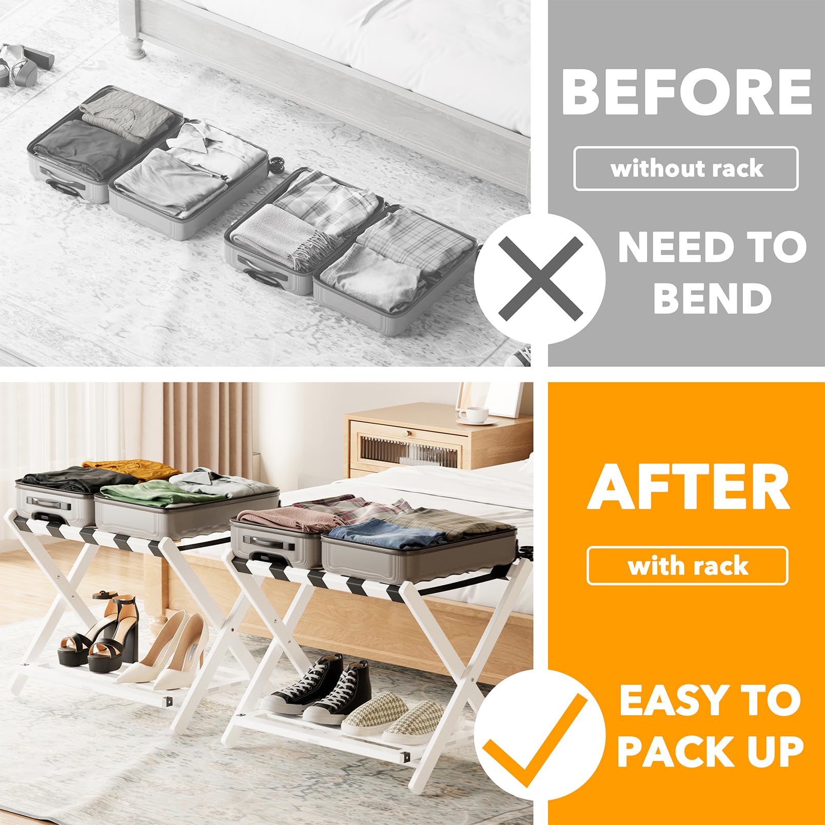 Condition photo showing New/Like New for spaceaid fully assembled luggage rack 2 pack, bamboo foldable suitcase stand for guest room, heavy d