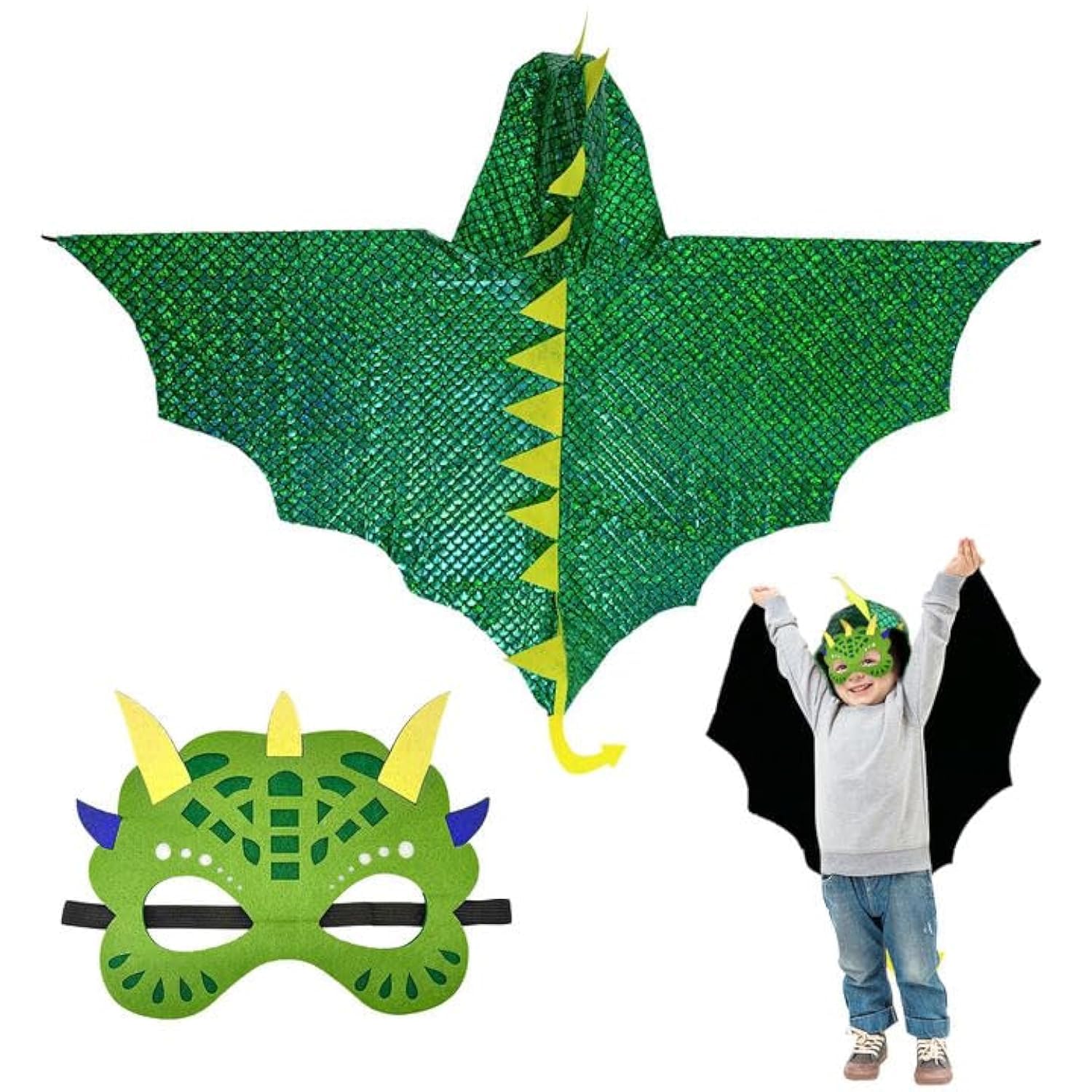 XNIVUIS 2 Pcs Dinosaur Costume for Kids, Dragon Cape Dinosaur Cape with Dino Mask, Dragon Wings Dragon Fancy Dress for Boys Girls 3-8 Years, Kids Dragon Costume for Halloween Carnival Party (Green)