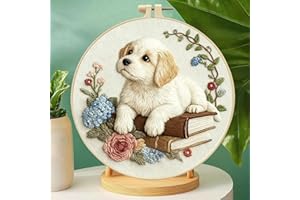 Zhenqing Dog on Books Embroidery Kit for Beginners, Pre-Printed 29x29cm Circular Cotton Fabric with 20cm Hoop, Cozy Pet and H
