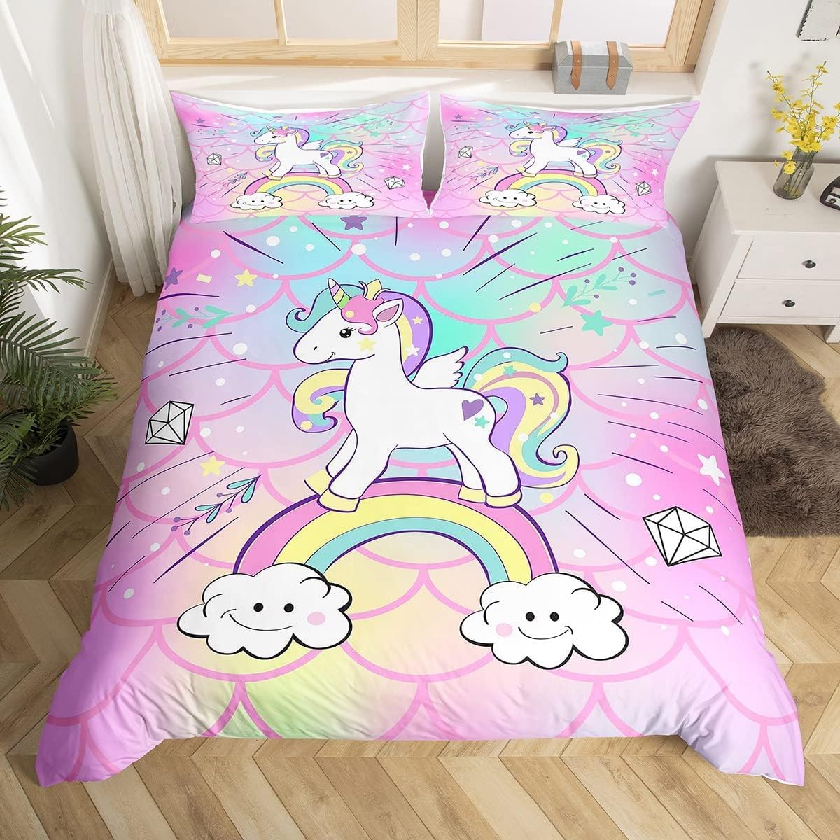 Homemissing Double Unicorn girl children Duvet Cover cute animal bedding cover pink mermaid scales Bedding Set unicorn rainbow duvet cover bedroom decoration Comforter Cover Set