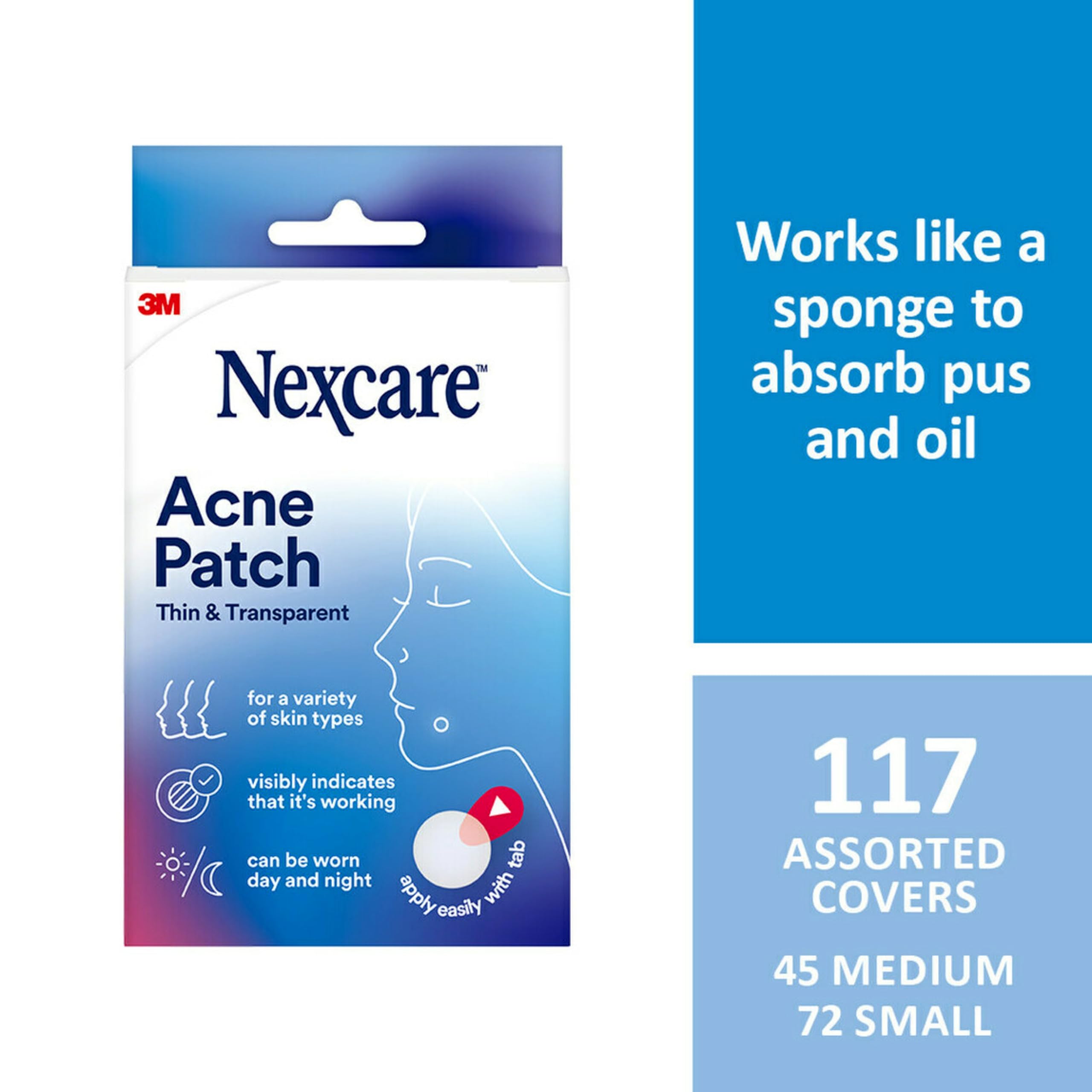 Nexcare Thin and Transparent Acne Patch, Skin Cover Absorbs Pus and Oil from Clogged Pores, Made with hydrocolloid, tab Allows for Easy Removal from Liner - 117 Pimple Patches
