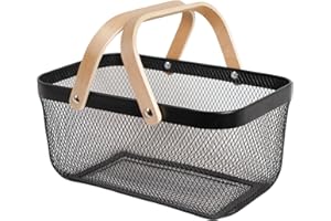 SANHSEHOME Metal Mesh Steel Harvest Basket, Rectangle Wire Garden Basket with Handle – Multi-Functional Storage Organizer for Gathering Vegetables, Fruits, Kitchen, Garden, Picnic & Cabinet (Ebony)