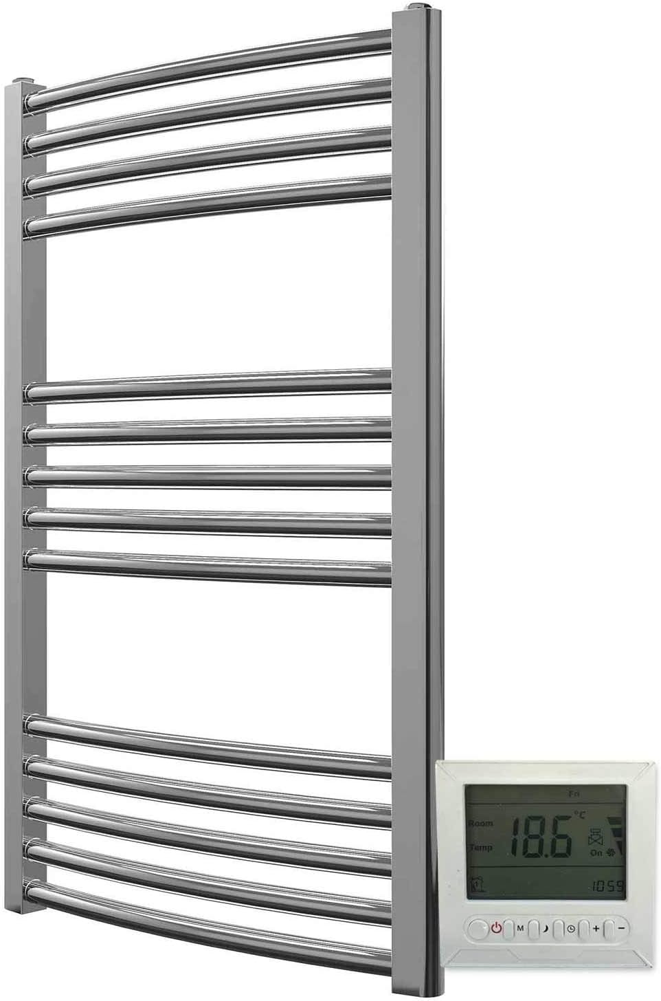 Electric Chrome 500W x 800H Curved Towel Rail + Timer and Room
