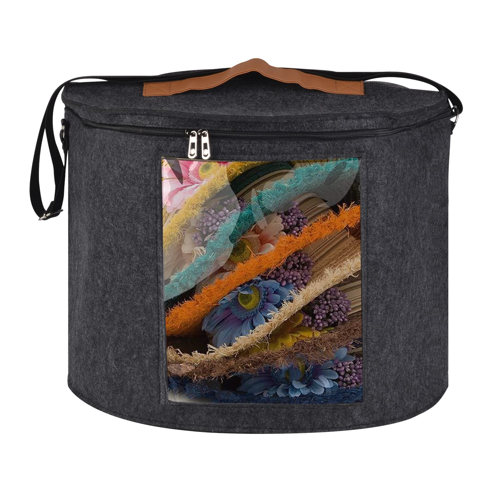 Bojuzhi 17" D×14" H Large Hat Storage Box with Lid, Portable Round Cowboy Hat Organizer Container with Clear Window, Bedroom Storage Bin for Clothes And Sheet, Dustproof Basket