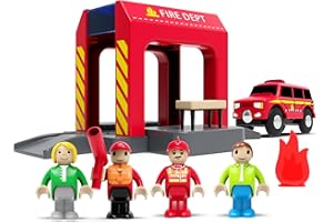 Fire Station Toy for Wooden Tracks,Fire Truck Department Playset Compatible with Brio Railway Train Set Piece,Perfect for Boy