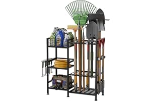 keomaisyto Garden Tool Organizer with Basket, 3 Tier Yard Tool Storage Rack for Garage Organization, Heavy Duty Garden Tool Holder with 35 Long-Handled Tool Slots for Shed, Yard, Garage