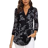 Timeson Women's 3/4 Sleeve Blouses Casual V Neck Dress Shirts Double Layers Mesh Tunics Tops