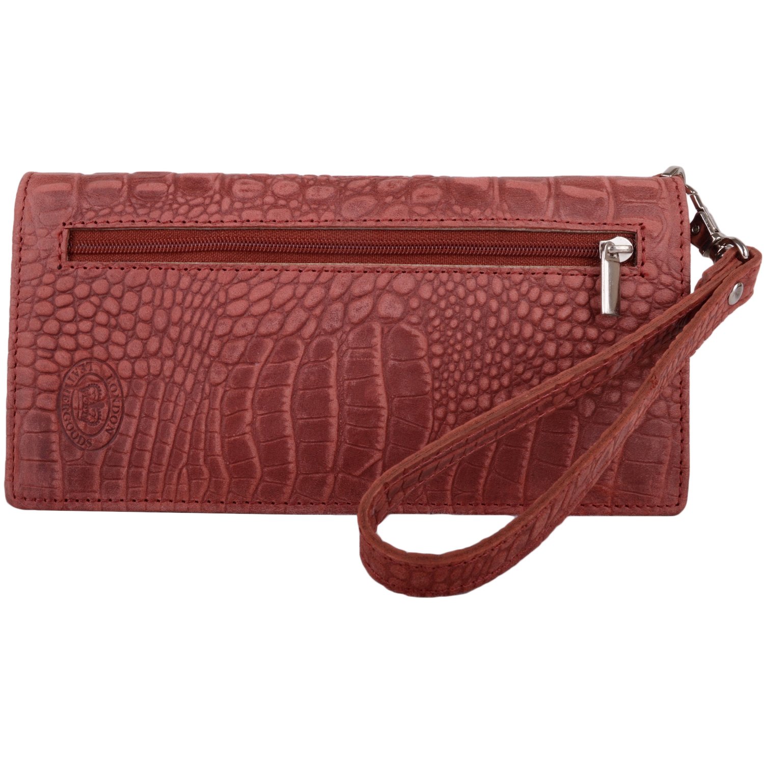 Womens Genuine Leather RFID Protected Clutch/Matinee Purse with Croc Design - Dark Red