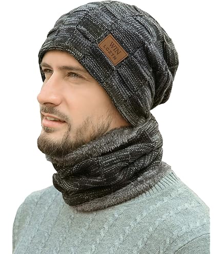 LCZTN Mens Winter Beanie Hat Scarf Set Warm Fleece Lined Knit Ski