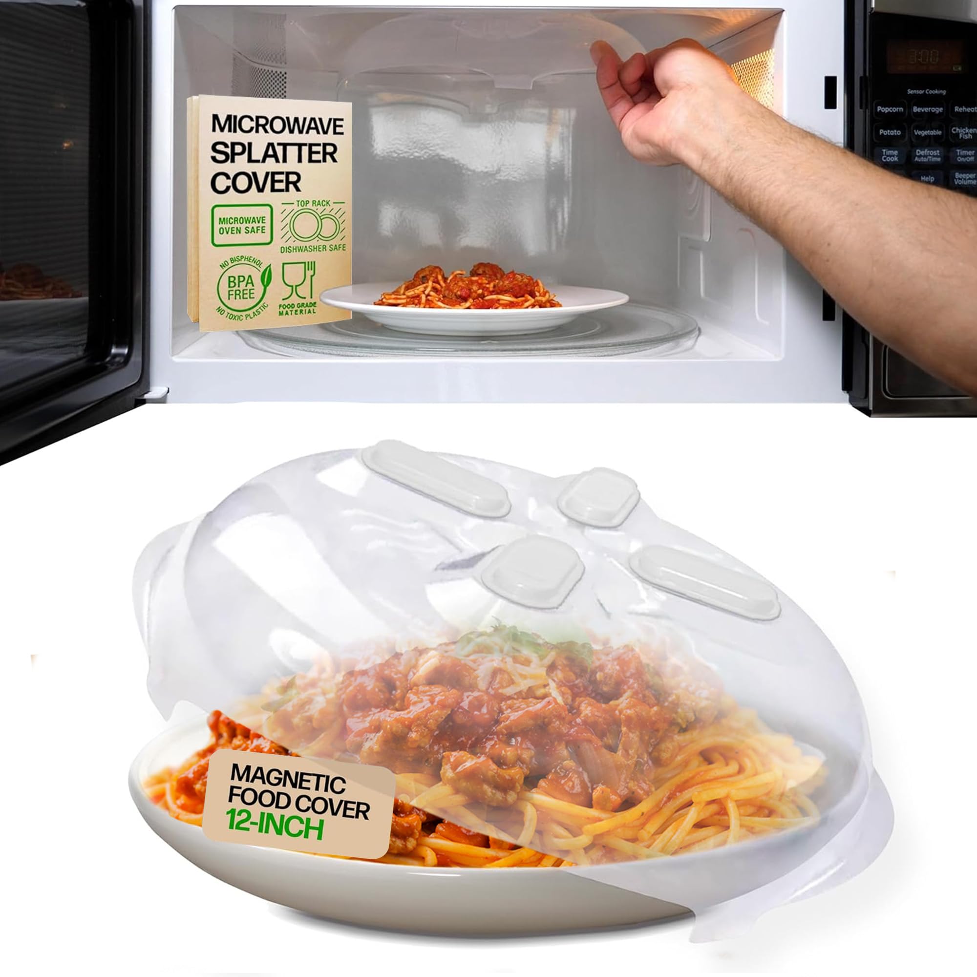 HOVER COVER Magnetic Splatter Cover, 12-Inch Clear BPA-Free Food Lid, Vented Plate Guard with Steam Vents, Anti-Splash Microwave Lid, Dishwasher Safe, Space-Saving Magnetic Storage - Ivory White