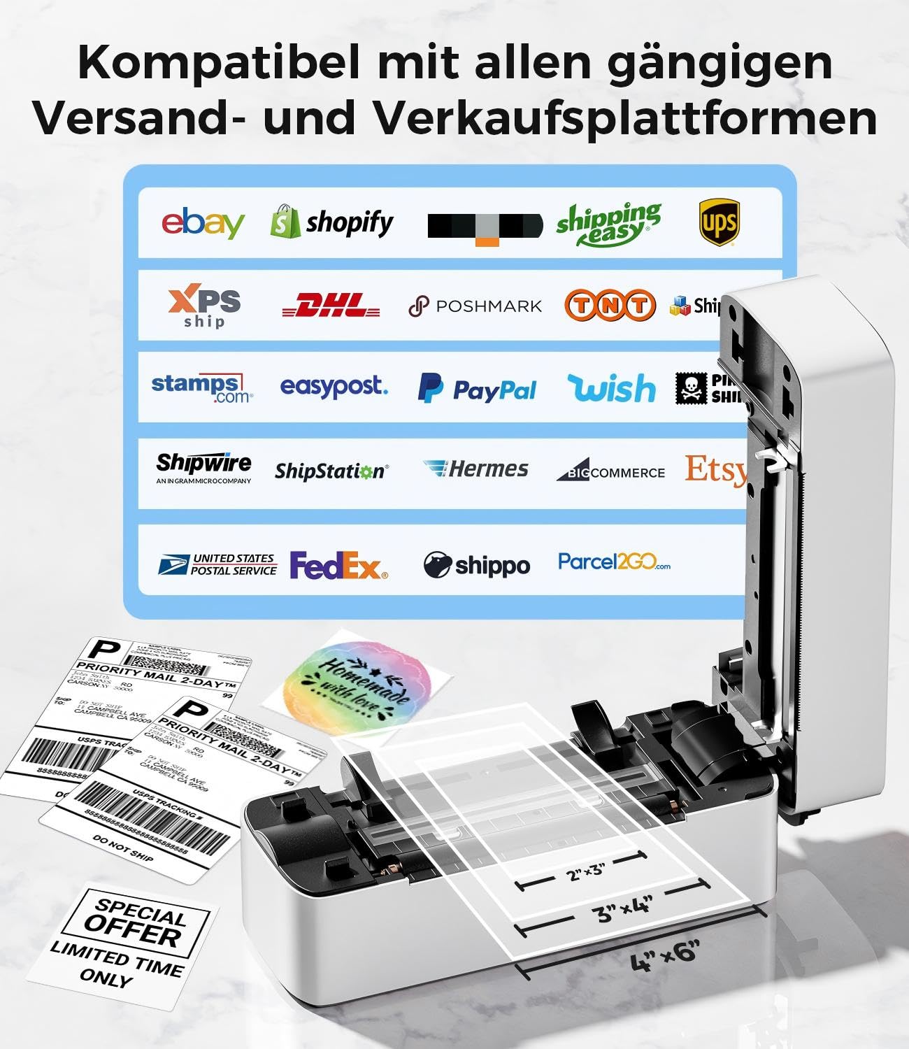 Phomemo Bluetooth DHL Etikettendrucker, Label Printer 4x6 Versandetiketten Drucker, Labeldrucker Thermodrucker für Barcode, Amazon, Etsy, Shopify, DHL, DPD, GLS, FedEx, Ohne Tinte, 241BT Schwarz-weiß 5