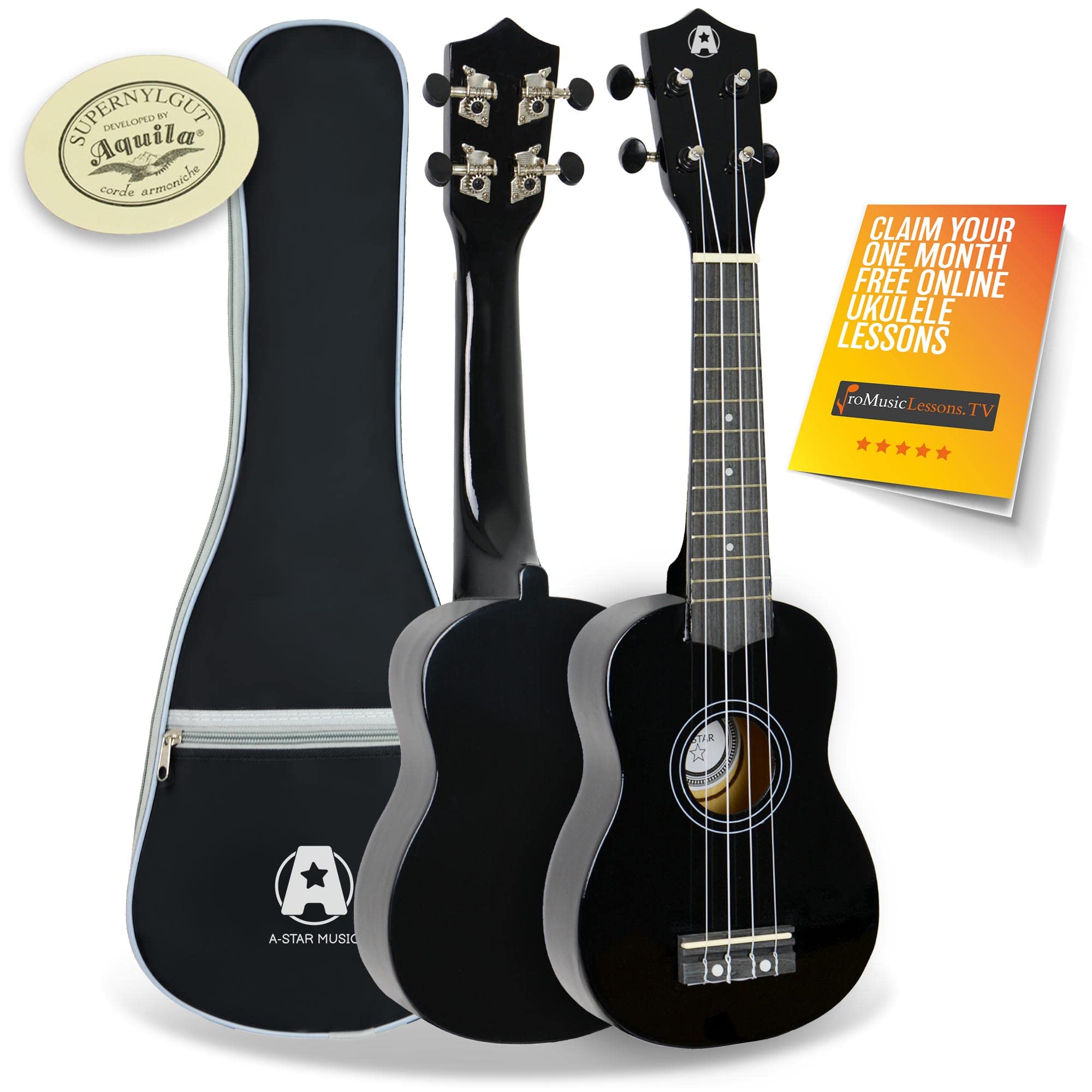 A-Star Soprano Beginner Ukulele in Black with Premium Aquila Strings, FREE Padded Bag, Instrument for Adults/Kids with FREE 1 Month Online Lessons
