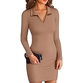 VICHYIE Women Lapel Neck Ribbed Bodycon Tight Fall Dress Long Sleeve Mid Thigh Pencil Above Knee Dresses