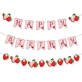Strawberry Happy Birthday Banner, Red Pink Paper Garland, Strawberry Themed Party Decorations for Birthday Party, Baby Shower, Wedding