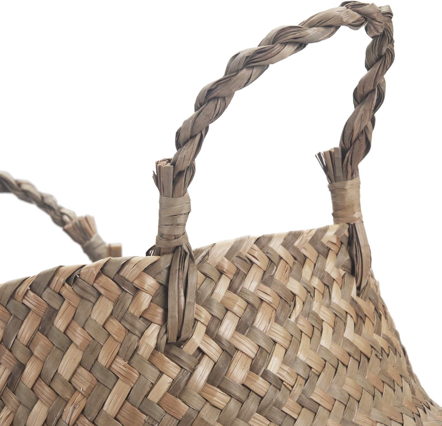 Seagrass Belly Basket Natural Woven Plant Pot Foldable with Handles for Storage Laundry Blankets Toys (Natural + Black) - Image 5