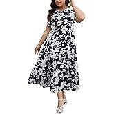 Keluummi Plus Size Wedding Guest Midi Dresses for Curvy Women, Casual Summer Swiss Dot Baby Shower Dress with Sleeve